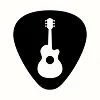 Black guitar pick with a white silhouette of an acoustic guitar inside.